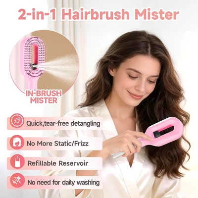 2-in-1 Detangler Hair Brush, With Built-In Mister Spray